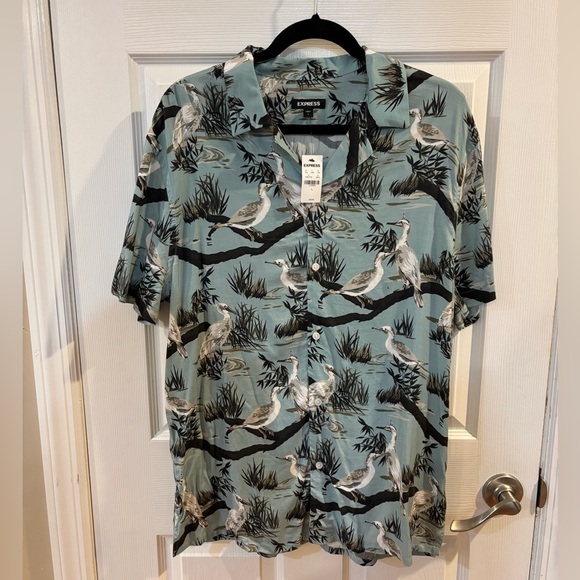 Express Other - Express Men’s Blue Button-Down Loose Fit Short Sleeve Shirt Bird Pattern L  NWT